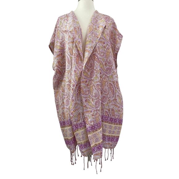J Crew Lightweight Linen Beach Poncho Sz M/L Pink Paisley Tassel Kimono Cover Up - Picture 1 of 8